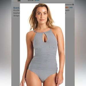 NWOT Ellen Tracy Green /White One Piece Swimsuit High Neck/Cutout Details Size12
